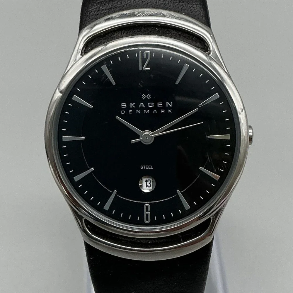 Skagen 597SLB Womens Watch 30mm Black Dial Leather Date Stainless New Battery